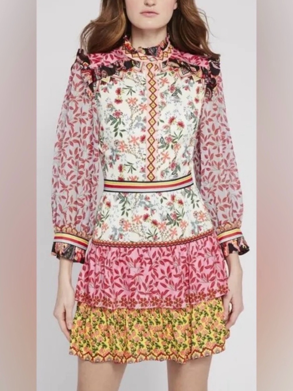 Alice + Olivia Floral Patchwork Tiered Mini Dress in Pink, Yellow, White -NWT